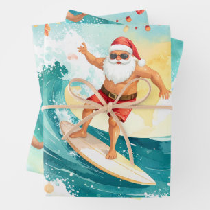Surfing Santa Claus Wrapping Paper Sheet