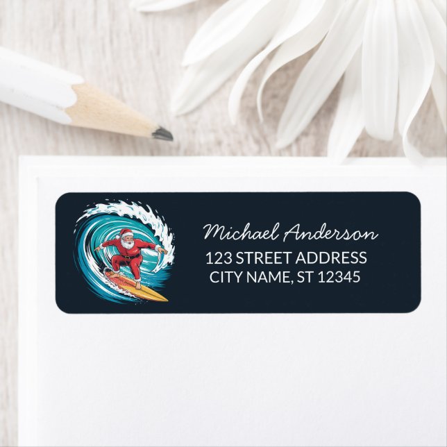 Surfing Santa Funny Christmas Return Address    (Insitu)