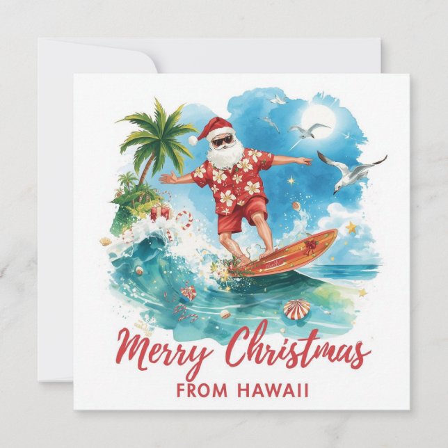 Surfing Santa in Hawaii – Tropical Christmas  Holiday Card (Front)