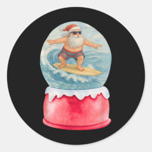 Surfing Santa In Snow Globe Ocean Holiday Beach Ch Classic Round Sticker