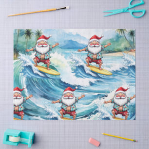Surfing Santa is on big wave in Hawaii Tissue Paper