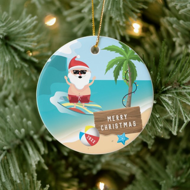 Surfing Santa Merry Christmas Ceramic Tree Decoration (Tree)