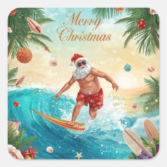 Surfing Santa Merry Christmas Coastal Holiday  Square Sticker (Front)