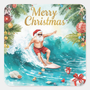 Surfing Santa Merry Christmas Coastal Holiday  Square Sticker