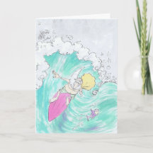 Surfing Santa on a greeting card.