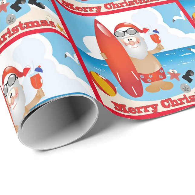Surfing Santa On Beach  Merry Christmas Wrapping Paper (Roll Corner)