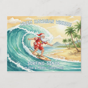 Surfing Santa on Big Wave in Hawaii Holiday  Postcard