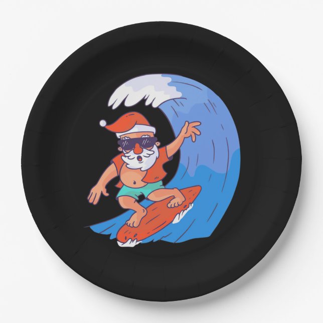 Surfing Santa Paper Plate (Front)