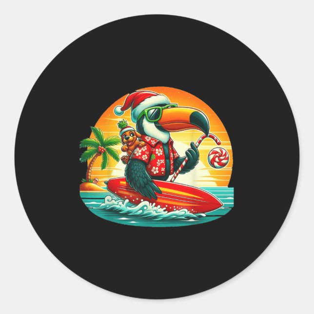 Surfing Santa Toucan And Funny Dog Trocal Christma Classic Round Sticker (Front)
