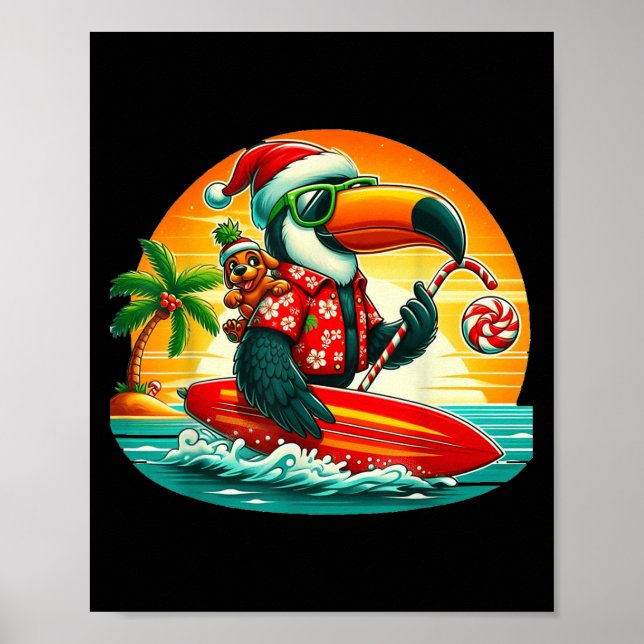 Surfing Santa Toucan And Funny Dog Trocal Christma Poster (Front)