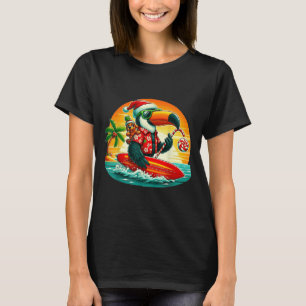 Surfing Santa Toucan And Funny Dog Trocal Christma T-Shirt