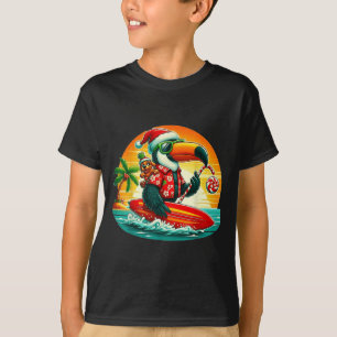 Surfing Santa Toucan And Funny Dog Trocal Christma T-Shirt