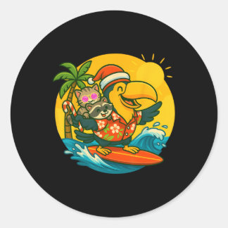 Surfing Santa Toucan Fun Cat And Raccoon Christmas Classic Round Sticker