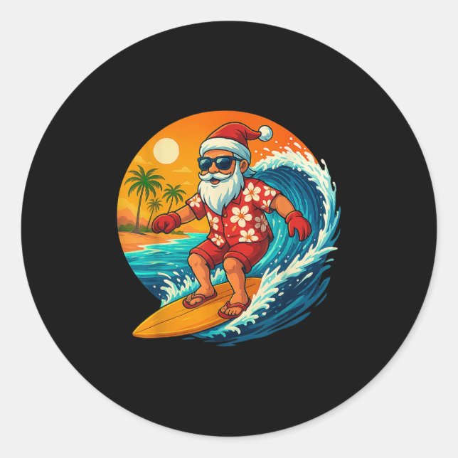 Surfing Santa Trocal Christmas Holiday Hawaiian Be Classic Round Sticker (Front)