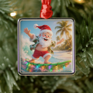Surfing Santa Tropical Christmas Metal Tree Decoration