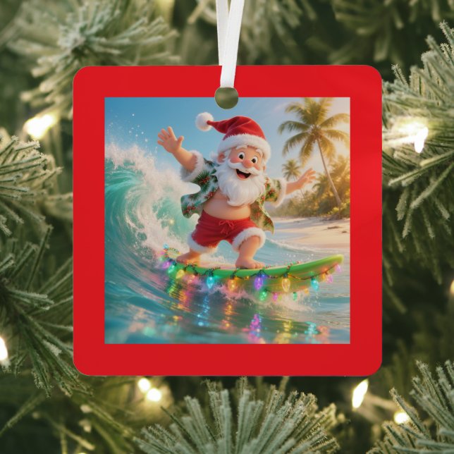 Surfing Santa Tropical Christmas Metal Tree Decoration (Insitu)