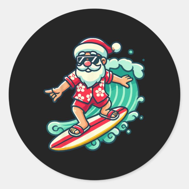 Surfing Santa Tropical Christmas Vacation Xmas In  Classic Round Sticker (Front)