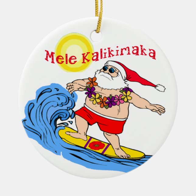 Surfing Santa Tropical Hawaiian Christmas Ornament (Front)