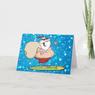 surfing santa with toy bag holiday card