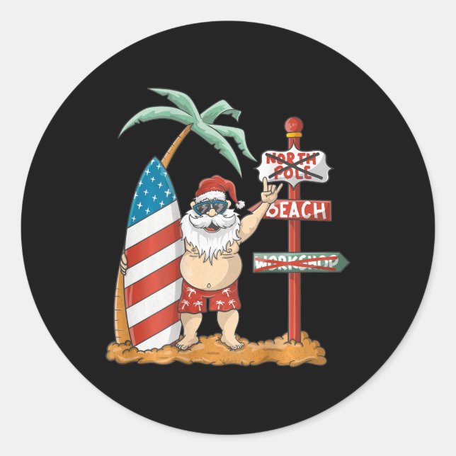 Surfing Santa With Usa Patriotic Surfboard Christm Classic Round Sticker (Front)