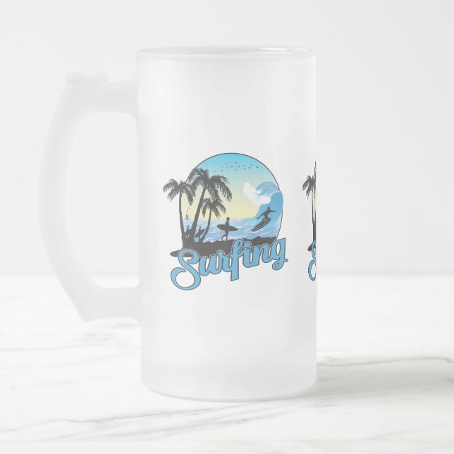 Surfing Sea Beach Frosted Glass Beer Mug (Left)