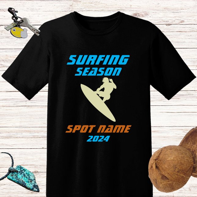 Surfing season - surfer and spot name blue design T-Shirt (Creator Uploaded)