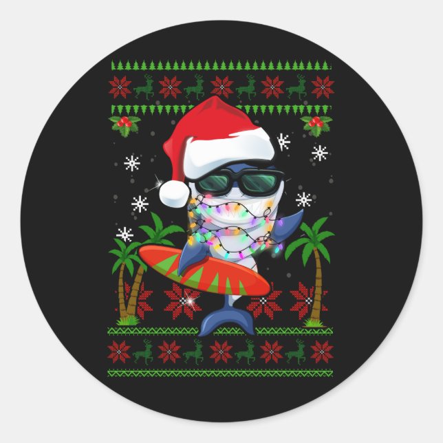 Surfing Shark Christmas Ugly Sweater Santa Hat Sha Classic Round Sticker (Front)
