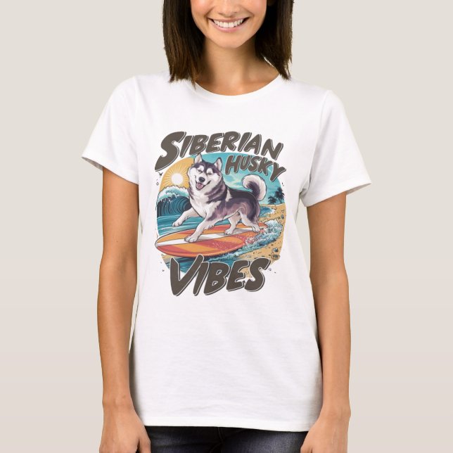 Surfing Siberian Husky Conquering Tropical Swell T-Shirt (Front)