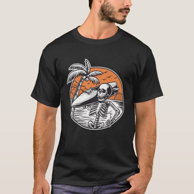 Surfing Skeleton Beach Palm Tree Sunset T-Shirt (Front)