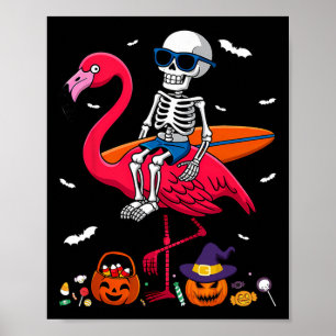 Surfing Skeleton Riding Flamingo Halloween Surfer Poster