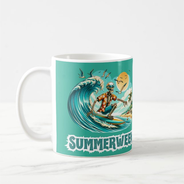 Surfing Skeleton Summerween Beach Vibes Coffee Mug (Left)