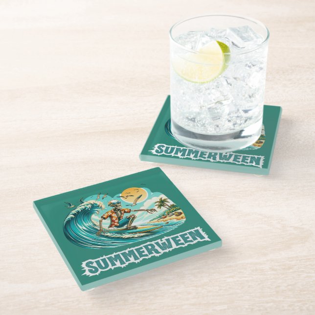 Surfing Skeleton Summerween Beach Vibes Glass Coaster (Angled)