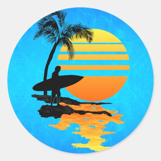 Surfing Sunrise Classic Round Sticker (Front)