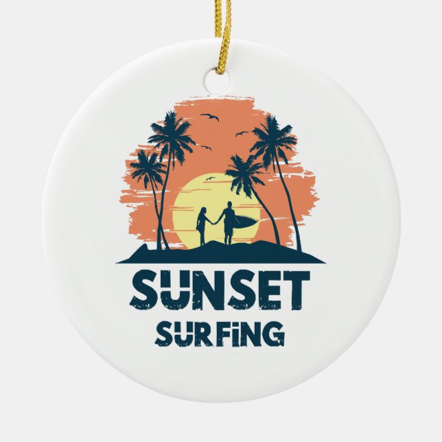 Surfing -Sunset Surfing  Ceramic Tree Decoration (Front)