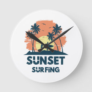 Surfing -Sunset Surfing Round Clock
