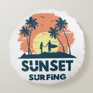 Surfing -Sunset Surfing  Round Cushion