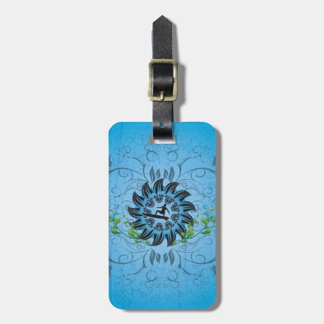 Surfing, surfboarder on blue background luggage tag (Front Vertical)
