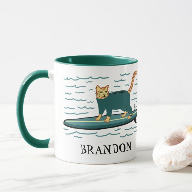 Surfing Tabby Cat CUSTOMIZE IT Mug (With Donut)