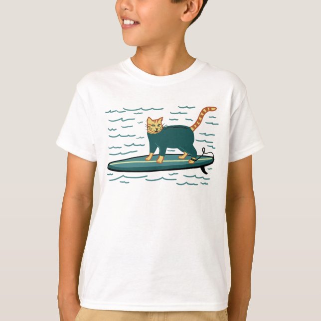 Surfing Tabby Cat Cute T-Shirt (Front)