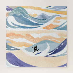 Surfing the Wave Contemporary Watercolor Ocean Jigsaw Puzzle