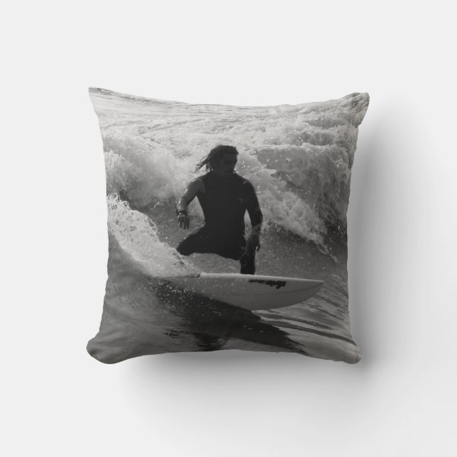 Surfing The Waves Grayscale Cushion (Front)