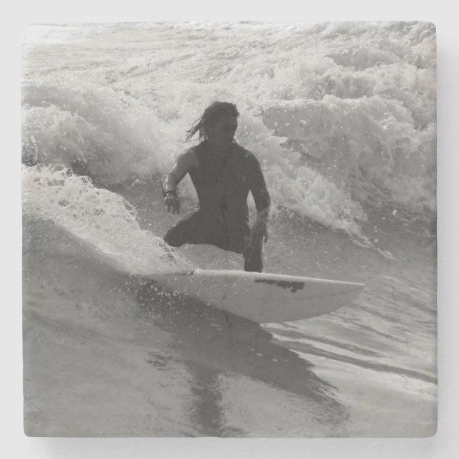 Surfing The Waves Grayscale Stone Coaster (Front)
