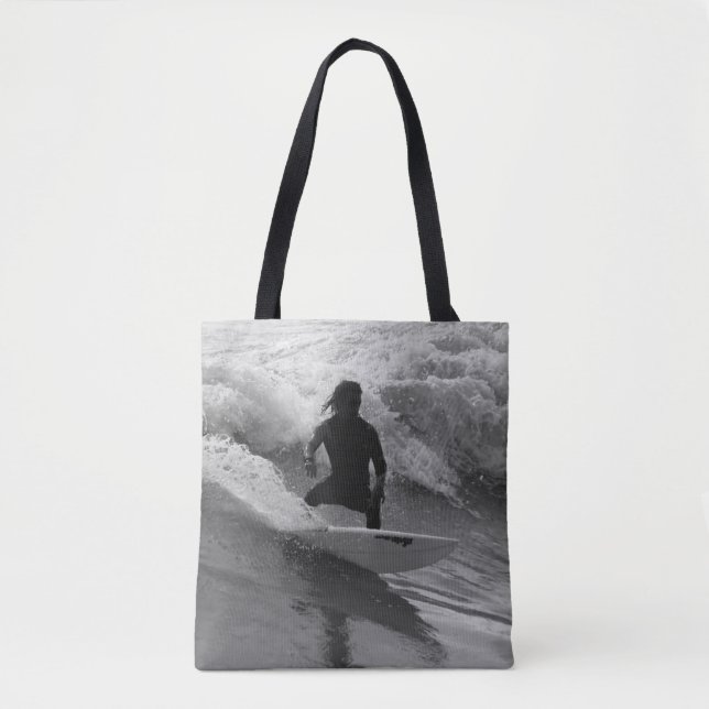 Surfing The Waves Grayscale Tote Bag (Front)