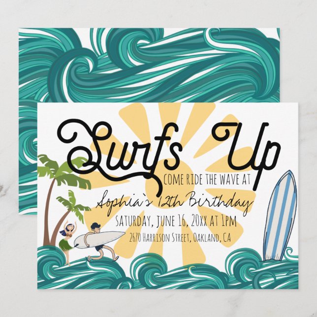 Surfing Themed Birthday Invitation (Front/Back)
