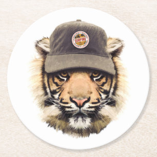 Surfing Tiger Round Paper Coaster