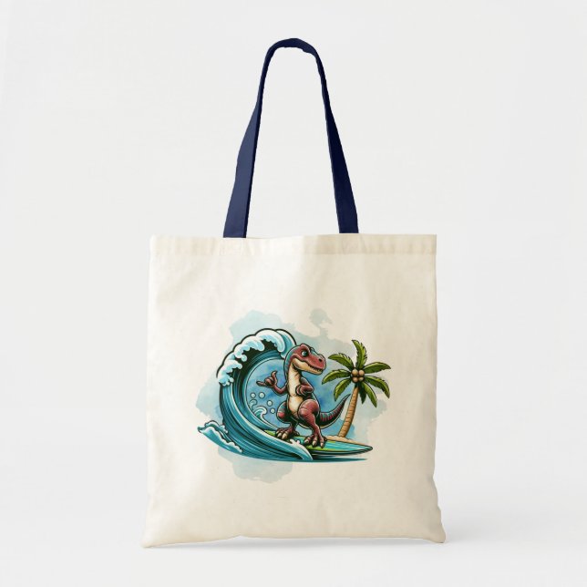 Surfing tropical dinosaur tote bag (Front)