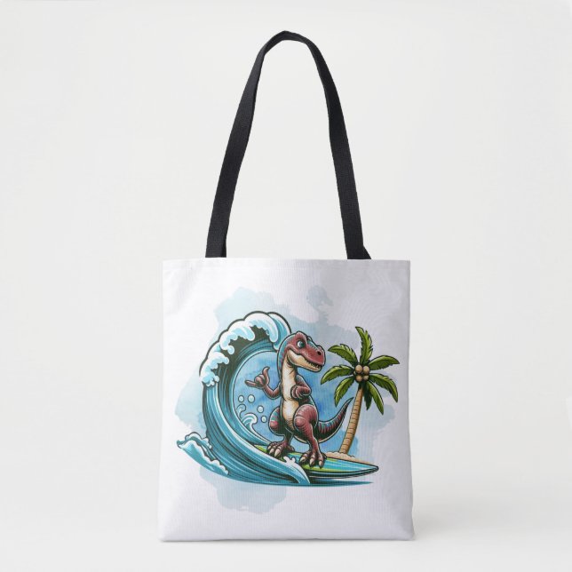 Surfing tropical dinosaur tote bag (Front)