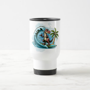 Surfing tropical dinosaur travel mug