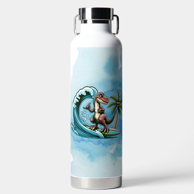 Surfing tropical dinosaur water bottle (Front)