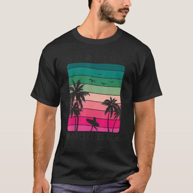 Surfing Waikiki Beach Hawaiian Sunset Palm Tree Su T-Shirt (Front)